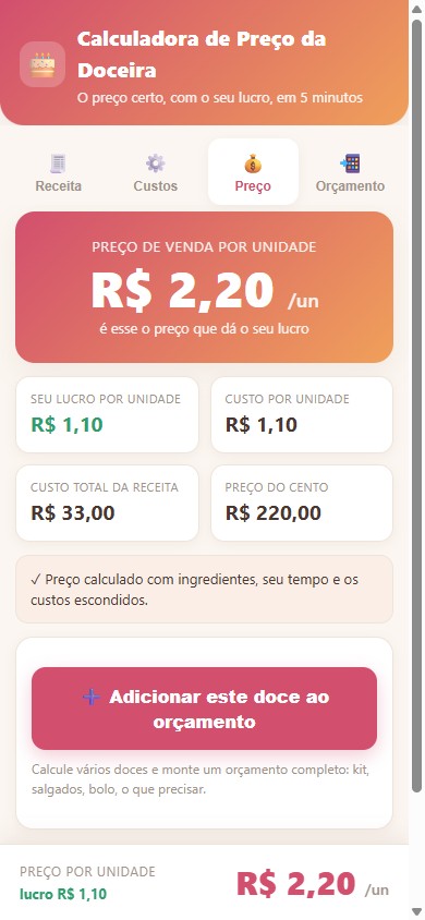 Tela de preço