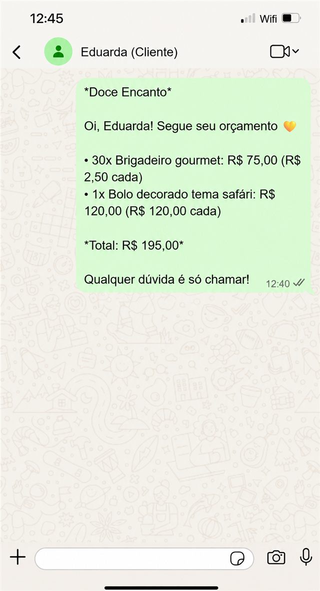 Exemplo de orçamento enviado pelo WhatsApp
