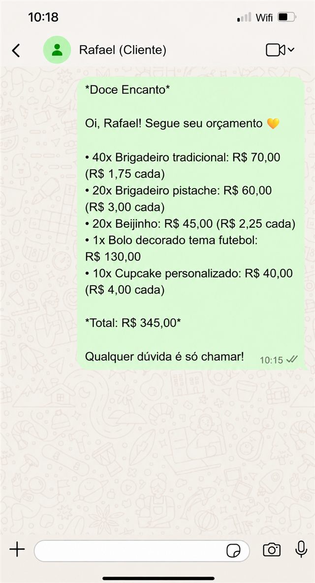 Exemplo de orçamento enviado pelo WhatsApp